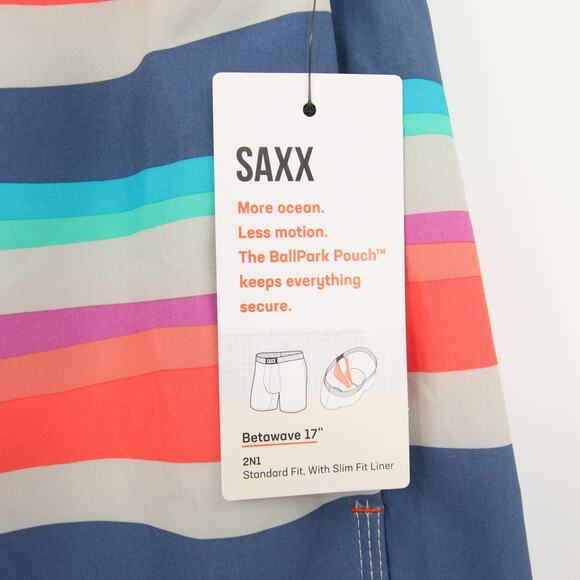 SAXX Swim Trunks Board Shorts Swim Wear Betawave 2N1 Blue Striped Ballpark 34 - Picture 6 of 12
